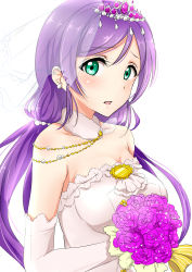 Rule 34 | 10s, 1girl, absurdres, bare shoulders, blush, bouquet, breasts, detached sleeves, dress, earrings, flower, green eyes, highres, jewelry, large breasts, long hair, looking at viewer, love live!, love live! school idol festival, love live! school idol project, open mouth, purple hair, satoharu, simple background, solo, tojo nozomi, wedding dress, white background