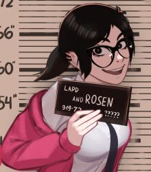 1girl barbie_mugshot_(meme) black-framed_eyewear black_eyes black_hair bra_visible_through_clothes breasts cardigan character_name dress_shirt earclip excited glasses height_chart height_mark highres holding holding_sign large_breasts looking_at_viewer meme mugshot nameplate necktie off_shoulder open_cardigan open_clothes open_mouth original pink_cardigan ponytail rosen_(veyonis) shirt sign upper_body veyonis white_shirt wide-eyed