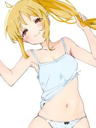 Rule 34 | 1girl, ahoge, blonde hair, blue shirt, blush, bocchi the rock!, breasts, camisole, cleavage, closed mouth, clothes lift, collarbone, commentary request, groin, highres, holding own hair, ijichi nijika, long hair, looking at viewer, navel, no nose, panties, polka dot, polka dot panties, red eyes, shirt, shirt lift, side ponytail, sidelocks, simple background, small breasts, smile, solo, ukitaryu, underwear, upper body, white background, white panties