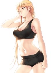 Rule 34 | 1girl, arm at side, black bra, black shorts, blonde hair, bra, breasts, cleavage, clenched hand, cowboy shot, from side, genderswap, genderswap (mtf), izumi kouhei, large breasts, long hair, navel, pepper fever, shorts, simple background, solo, sports bra, underwear, underwear only, white background, world trigger, yellow eyes