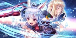 Rule 34 | 2girls, animal ear fluff, animal ears, blue hair, braid, breasts, rabbit ears, carrot hair ornament, cosplay, closed eyes, fiora (xenoblade), food-themed hair ornament, food themed hair ornament, hair ornament, highres, hikosan, holding, holding sword, holding weapon, hololive, lanyard, long hair, monado, multiple girls, open mouth, red vest, shulk (xenoblade), shulk (xenoblade) (cosplay), signature, sword, usada pekora, vest, virtual youtuber, weapon, xenoblade chronicles 1, xenoblade chronicles (series)