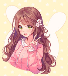 Rule 34 | blush, brown hair, commission, flower, green eyes, hair between eyes, hair flower, hair ornament, hood, hoodie, hyanna-natsu, long hair, long sleeves, looking at viewer, open mouth, original, portrait, smile, solo, split mouth, swept bangs, upper body, v, very long hair, wavy hair