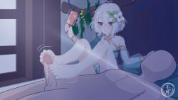 Rule 34 | 1boy, 1girl, barefoot, bed, clothed female nude male, feet, footjob, highres, kokkoro (princess connect!), medium hair, nude, parted lips, princess connect!, purple eyes, soles, toes, white hair