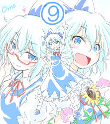 Rule 34 | 3girls, :d, adjusting eyewear, arm up, bad id, bad pixiv id, bespectacled, blue bow, blue eyes, blue footwear, blue hair, bow, character name, circled 9, cirno, closed eyes, collared shirt, commentary, dress, fang, flower, frilled dress, frilled sleeves, frills, glasses, grin, hair bow, hand on own hip, highres, ice, ice wings, index finger raised, looking at viewer, mary janes, medium dress, multiple girls, multiple persona, open mouth, pink flower, puffy short sleeves, puffy sleeves, red-framed eyewear, red neckwear, seiran (seiran49hsi), semi-rimless eyewear, shirt, shoes, short hair, short sleeves, skin fang, smile, socks, standing, sunflower, touhou, under-rim eyewear, v-shaped eyebrows, white legwear, white shirt, wing collar, wings