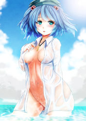 Rule 34 | 1girl, blue eyes, blue hair, blue sky, blush, breasts, cloud, day, ebi 193, hair bobbles, hair ornament, hat, kawashiro nitori, large breasts, matching hair/eyes, naked shirt, navel, open mouth, shirt, short hair, sky, solo, touhou, twintails, two side up