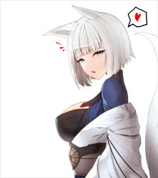 Rule 34 | ^^^, animal ears, azur lane, blue eyes, blunt bangs, breasts, eyeliner, fang, fox ears, fox tail, from side, heart, highres, kaga (azur lane), large breasts, limeblock, makeup, obi, off shoulder, parted lips, sash, short hair, silver hair, simple background, solo, spoken heart, tail, tsurime, white background