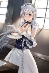 Rule 34 | 1girl, azur lane, bad id, bad pixiv id, belfast (azur lane), blurry, blurry background, blush, breasts, cleavage, closed mouth, commentary request, cup, day, depth of field, dress, elbow gloves, gloves, hair between eyes, holding, holding plate, indoors, large breasts, long hair, looking at viewer, plate, purple eyes, sabet (young ouo), silver hair, smile, solo, sunlight, table, tea, teacup, very long hair, white dress, window