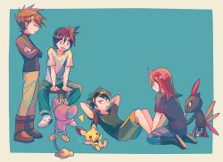 Rule 34 | 4boys, aipom, blue oak, boots, brown footwear, brown hair, commentary request, creatures (company), crossed arms, ethan (pokemon), exercising, flying sweatdrops, game freak, gen 2 pokemon, green pants, itome (funori1), long hair, male focus, multiple boys, nintendo, pants, pichu, pokemon, pokemon (creature), pokemon adventures, red (pokemon), red hair, shirt, short hair, short sleeves, shorts, silver (pokemon), sit-up, sitting, sneasel, spiked hair, stool, t-shirt