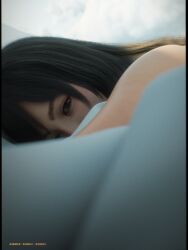 Rule 34 | 1girl, 3d, absurdres, bed, black hair, brown eyes, daz studio (medium), highres, long hair, looking at viewer, morning, original, photorealistic, pillarboxed, realistic, shoe lace (shoe lac3), solo