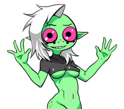 Rule 34 | 1girl, belly, blush, breasts, colored sclera, colored skin, eyebrows, freckles, green skin, lord dominator, pink sclera, pointy ears, side cut, silver hair, simple background, smile, solo, stomach, teeth, wander over yonder, white background