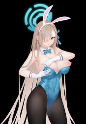 Rule 34 | 1girl, absurdres, adjusting clothes, adjusting leotard, animal ears, asuna (blue archive), asuna (bunny) (blue archive), bare arms, bare shoulders, black background, black pantyhose, blonde hair, blue archive, blue bow, blue bowtie, blue leotard, bow, bowtie, breasts, chinese commentary, cleavage, collarbone, covered navel, cowboy shot, detached collar, eyes visible through hair, fake animal ears, forehead, gloves, hair over one eye, hair ribbon, halo, highleg, highleg leotard, highres, large breasts, legs apart, leotard, long hair, nipples, no bra, official alternate costume, pantyhose, parted bangs, parted lips, playboy bunny, qumai79, ribbon, shadow, simple background, solo, strapless, strapless leotard, swept bangs, very long hair, white gloves