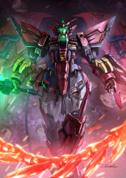 Rule 34 | absurdres, asteroid, beam saber, clenched hand, commentary, commentary request, english commentary, glowing, glowing eyes, green eyes, gundam, gundam epyon, gundam wing, highres, holding, holding sword, holding weapon, looking at viewer, mecha, mechanical wings, mixed-language commentary, mobile suit, no humans, robot, science fiction, signature, solo, space, standing, star (sky), sword, taka-f, v-fin, weapon, whip, wings