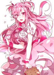 Rule 34 | 1girl, bad id, bad pixiv id, bag, blush, cherry blossom cookie, cherry blossoms, cookie run, cup, earrings, flower earrings, handbag, jewelry, long hair, looking at viewer, open mouth, petals, pink eyes, pink hair, pink skirt, pink theme, piyo (ppotatto), puffy short sleeves, puffy sleeves, short sleeves, skirt, smile, solo, teacup, thighhighs, two side up, white thighhighs, wrist cuffs