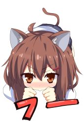 Rule 34 | 10s, 1girl, :&gt;, ahoge, animal ears, bad id, bad pixiv id, blush, brown eyes, brown hair, cat ears, cat tail, close-up, hair ornament, hairclip, highres, hissing, ikazuchi (kancolle), kantai collection, kemonomimi mode, looking at viewer, personification, school uniform, serafuku, short hair, solo, tail, transparent background, yunotimo