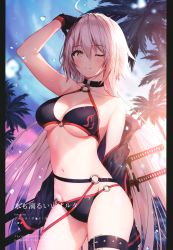 Rule 34 | 1girl, absurdres, ahoge, arm behind back, arm up, armpits, backlighting, bare arms, bare shoulders, belt, bikini, black belt, black bikini, black choker, black gloves, black jacket, blue sky, blurry, blurry background, blush, breasts, buckle, choker, cleavage, cloud, collarbone, contrapposto, copyright name, cowboy shot, depth of field, emblem, fate/grand order, fate (series), gloves, groin, hair between eyes, halterneck, hand on own head, highres, impossible clothes, impossible swimsuit, jacket, jeanne d&#039;arc alter (swimsuit berserker) (fate), jeanne d&#039;arc (fate), jeanne d&#039;arc alter (fate), jeanne d&#039;arc alter (swimsuit berserker) (fate), large breasts, leg belt, long hair, long sleeves, looking at viewer, medium breasts, multiple swords, navel, necomi, o-ring, o-ring belt, o-ring bikini, o-ring top, off shoulder, one eye closed, open clothes, open jacket, outdoors, palm leaf, palm tree, parted lips, red ribbon, ribbon, scan, sheath, sheathed, shrug (clothing), signature, silver hair, sky, smile, solo, sparkle, standing, stomach, straight hair, string bikini, sunlight, sunset, swimsuit, sword, thigh strap, thighs, tree, underboob, very long hair, water, water drop, weapon, weapon on back, wet, wet hair, yellow eyes