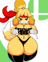Rule 34 | 1girl, :3, alternate costume, animal crossing, animal ears, artist name, bandaged arm, bandages, bandaid, bandaid on face, bandana, bare shoulders, bell, black eyes, black gloves, black panties, black thighhighs, black tube top, blonde hair, blush stickers, breasts, bursting breasts, clenched hands, closed mouth, clothes writing, cowboy shot, cropped legs, dog ears, dog girl, dog tail, female focus, fingerless gloves, furry, furry female, gloves, green background, hair bell, hair ornament, hair tie, half-closed eyes, hands up, highres, image sample, isabelle (animal crossing), jingle bell, kirbot12, large breasts, looking at viewer, navel, nintendo, own hands together, panties, short hair, signature, simple background, skindentation, smile, solo, standing, strapless, tail, thick thighs, thighhighs, thighs, topknot, tube top, tumblr sample, two-tone background, underboob, underwear, wide hips