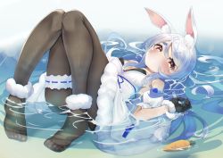 Rule 34 | 1girl, absurdres, animal ear fluff, animal ears, bare shoulders, black gloves, blue hair, braid, breasts, carrot, carrot hair ornament, cleavage, commentary, dress, feet, food-themed hair ornament, fur trim, gloves, hair ornament, highres, hololive, in water, knees together feet apart, long hair, looking at viewer, lying, medium breasts, multicolored hair, no shoes, on back, pantyhose, rabbit ears, rabbit girl, soles, solo, tearing up, thick eyebrows, twin braids, twintails, two-tone hair, usada pekora, usada pekora (1st costume), virtual youtuber, w arms, white dress, white hair, yoshidadon