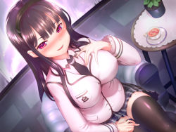 Rule 34 | 1girl, black hair, blush, breasts, commentary request, cup, hairband, large breasts, long hair, looking at viewer, miniskirt, original, pleated skirt, red eyes, school uniform, shinovi, sitting, skirt, solo, thighhighs
