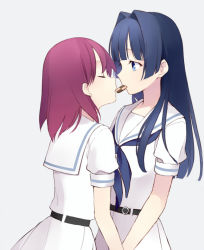 Rule 34 | 2girls, belt, blue eyes, blue hair, checkerboard cookie, closed eyes, cookie, dress, female focus, food, grey background, height difference, hime cut, hirose sumire, holding hands, imminent kiss, itsumi (itumiyuo), long hair, looking at another, miyanaga teru, mouth hold, multiple girls, neckerchief, purple hair, red hair, sailor dress, saki (manga), school uniform, serafuku, shared food, short hair, short sleeves, simple background, standing, upper body, white dress, yuri