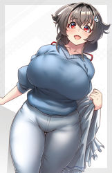 Rule 34 | 1girl, blue shirt, blush, breasts, curvy, grey hair, hair flaps, hair ornament, hair ribbon, highres, huge breasts, jingei (kancolle), kantai collection, konoshige (ryuun), long hair, looking at viewer, official alternate costume, open mouth, pants, red eyes, ribbon, shirt, smile, solo, thick thighs, thighs, whale hair ornament, white pants