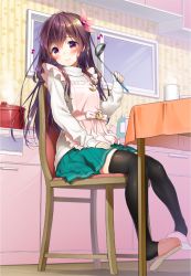 Rule 34 | 1girl, alternate costume, apron, black thighhighs, blush, brown eyes, brown hair, crescent, crescent hair ornament, crescent pin, flower, green skirt, hair flower, hair ornament, kantai collection, kisaragi (kancolle), kitchen, ladle, long hair, long sleeves, looking at viewer, minami (apricot tea), pleated skirt, pot, ribbon, sitting, skirt, solo, sweater, table, thighhighs, window
