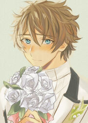 Rule 34 | 1boy, blue eyes, blush, bouquet, brown hair, closed mouth, commentary request, ensemble stars!, flower, formal, green background, highres, holding, holding bouquet, leaf, looking at viewer, male focus, nago 0313, official alternate costume, rose, short hair, solo, takamine midori, upper body, white flower, white rose