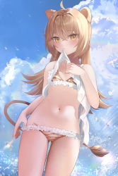 Rule 34 | 1girl, ahoge, animal ears, bare arms, bikini, blush, brown hair, clothes in mouth, clothes lift, cowboy shot, crossed bangs, frilled bikini, frills, hair between eyes, indie virtual youtuber, lifting own clothes, lion ears, lion girl, lion tail, long hair, looking at viewer, mouth hold, mujinbensin, print bikini, rurudo lion, shirt, shirt in mouth, shirt lift, solo, standing, swimsuit, tail, thighs, virtual youtuber, white shirt, yellow eyes