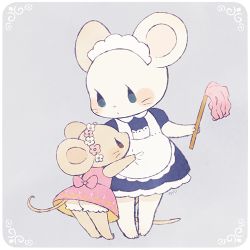 Rule 34 | 2girls, animal ears, apron, apron grab, artist name, ayu (mog), bad id, bad pixiv id, bloomers, blue dress, blush, dress, duster, height difference, lowres, maid, maid apron, maid headdress, mouse (animal), mouse ears, mouse girl, mouse tail, multiple girls, no humans, original, personification, pink dress, solid eyes, tail, underwear