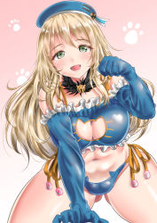Rule 34 | 10s, 1girl, :d, adapted costume, all fours, atago (kancolle), bell, beret, blonde hair, blue gloves, blue hat, blue panties, blush, breasts, cat-shaped lock, cat cutout, cat ear panties, cat lingerie, cleavage cutout, clothing cutout, detached collar, eyebrows, fangs, frills, fur trim, gloves, gluteal fold, gradient background, green eyes, hat, jingle bell, kantai collection, kasugano tobari, large breasts, lock, long hair, looking at viewer, meme attire, navel, open mouth, padlock, panties, paw pose, paw print, pink background, side-tie panties, smile, solo, stomach, underwear, underwear only