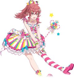 Rule 34 | frills, high heels, idolmaster shiny colors, idolmaster shiny colors song for prism, komiya kaho, official art, open mouth, ponytail, red eyes, red hair, single thighhigh, skirt, star-shaped pupils, star (symbol), striped clothes, striped thighhighs, symbol-shaped pupils, thighhighs, transparent background