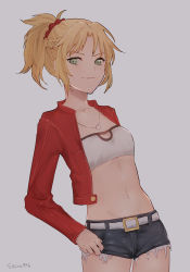 Rule 34 | 1girl, :3, artist name, bad id, bad pixiv id, belt, blonde hair, braid, breasts, closed mouth, cropped jacket, cutoffs, denim, denim shorts, fate/apocrypha, fate (series), green eyes, grey background, groin, hair ornament, hair scrunchie, highres, jacket, jewelry, long sleeves, looking at viewer, mordred (fate), mordred (fate/apocrypha), mordred (memories at trifas) (fate), navel, necklace, red jacket, red scarf, scarf, scrunchie, shino (mufn5785), short hair, short shorts, shorts, simple background, small breasts, smile, solo, standing, stomach, white belt