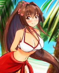Rule 34 | 10s, 1girl, beach, bikini, breasts, brown hair, cherry blossoms, cleavage, day, flower, hair flower, hair intakes, hair ornament, hhh (wave), kantai collection, leaning forward, long hair, looking at viewer, medium breasts, palm tree, ponytail, sarong, smile, solo, swimsuit, tree, very long hair, white bikini, yamato (kancolle)