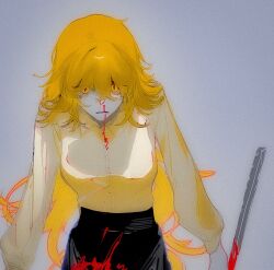 Rule 34 | 1girl, black pants, blonde hair, blood, breasts, collared shirt, genderswap, genderswap (mtf), large breasts, limbus company, long hair, looking at viewer, nosebleed, pants, patchfire, project moon, shirt, sinclair (project moon), solo, upper body, very long hair, white shirt, yellow eyes