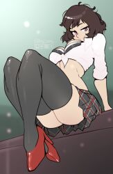 Rule 34 | 1girl, arm support, ass, breasts, brown eyes, brown hair, cleavage, cropped shirt, from below, full body, haysey, high heels, highres, instagram logo, kawakami sadayo, leaning, legs up, looking at viewer, midriff, patreon logo, persona, persona 5, red footwear, shirt, short hair, skirt, sleeves rolled up, smile, smug, solo, thighhighs, tied shirt, tumblr logo, twitter logo, twitter username, white shirt