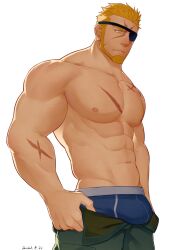 Rule 34 | 1boy, abs, bara, biceps, blonde hair, bulge, eyepatch, feet out of frame, gyee, hidora art, highres, looking down, male focus, manly, markus (gyee), mature male, muscular, muscular male, nipples, pants, pectorals, scar, scar on arm, scar on chest, scar on face, simple background, solo, spiked hair, thick eyebrows, underwear, white background, yellow eyes