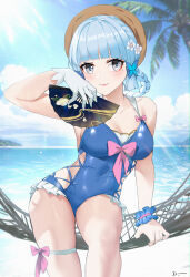 Rule 34 | 1girl, ayaka (genshin impact), bare arms, bare shoulders, blue hair, blue one-piece swimsuit, blue sky, blunt bangs, bow, braid, breasts, brown hat, closed mouth, cloud, commentary request, covered navel, day, folding fan, genshin impact, gloves, grey eyes, hand fan, hat, highres, holding, holding fan, light blue hair, linreplica, looking at viewer, medium breasts, medium hair, one-piece swimsuit, outdoors, pink bow, single glove, single wrist cuff, sky, smile, solo, swimsuit, thighs, white gloves, wrist cuffs