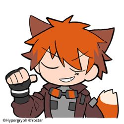 Rule 34 | 1boy, animal ears, arknights, chiave (arknights), chibi, closed eyes, fingerless gloves, fox boy, fox ears, fox tail, gloves, goggles, hand up, jacket, line (naver), lowres, male focus, official art, pointing, pointing at self, red hair, short hair, smile, solo, tail, thumbs up
