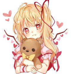 Rule 34 | 1girl, blonde hair, bow, closed mouth, commentary request, eyelashes, fang, flandre scarlet, heart, hug, looking at viewer, no headwear, no headwear, paragasu (parags112), puffy short sleeves, puffy sleeves, red eyes, red ribbon, red vest, ribbon, shirt, short sleeves, side ponytail, solo, stuffed animal, stuffed toy, teddy bear, touhou, upper body, vest, white background, white shirt, wings, wrist cuffs, yellow bow