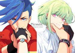 Rule 34 | 2boys, ascot, asymmetrical hair, bae (baebae), blue eyes, blue hair, character name, copyright name, face grab, galo thymos, gloves, green hair, hair between eyes, half gloves, highres, holding hands, lio fotia, male focus, multiple boys, promare, purple eyes, sidecut, simple background, smile, undercut, watch, white background, wristwatch, yaoi