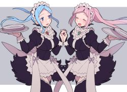 Rule 34 | 2girls, :d, apron, black dress, blue hair, blush, bridal gauntlets, closed eyes, do m kaeru, dress, felicia (fire emblem), female focus, fire emblem, fire emblem fates, flora (fire emblem), frills, grey eyes, holding, holding hands, holding plate, long hair, long sleeves, maid, maid headdress, multiple girls, nintendo, open mouth, pink hair, plate, ponytail, siblings, simple background, sisters, smile, twins, twintails, waist apron, white apron