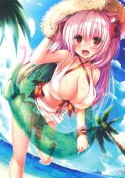 Rule 34 | 1girl, :d, absurdres, animal ears, beach, bikini, bikini skirt, bracelet, breasts, cat ears, cat tail, cleavage, cloud, collarbone, criss-cross halter, day, dutch angle, fang, flower, hair flower, hair ornament, halterneck, hammock, hat, hibiscus, highres, innertube, jewelry, large breasts, long hair, looking at viewer, ocean, open mouth, original, outdoors, palm tree, pink eyes, pink hair, sand, see-through, shia flatpaddy, shiny skin, sky, smile, solo, straw hat, sweat, swim ring, swimsuit, syroh, tail, tree, white bikini