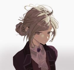 Rule 34 | 1girl, absurdres, amamiyadagashi, ascot, black coat, coat, collared shirt, commentary request, freckles, gradient background, grey background, grey eyes, grey hair, hair bun, highres, parted lips, purple brooch, reverse:1999, shirt, single side bun, solo, upper body, vertin (reverse:1999), white ascot, white shirt