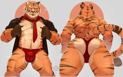 Rule 34 | 1boy, abs, absurdres, animal ears, ass, bara, bikini briefs, bulge, covered penis, fortnite, from below, furry, furry male, highres, jackaljumpy, large pectorals, looking at viewer, male focus, male underwear, mature male, muscular, muscular male, orange fur, oscar (fortnite), pectorals, red male underwear, short hair, stomach, tail, thick eyebrows, thick navel hair, thick thighs, thighs, thong, tiger boy, tiger ears, tiger tail, topless male, underwear, undressing, white fur