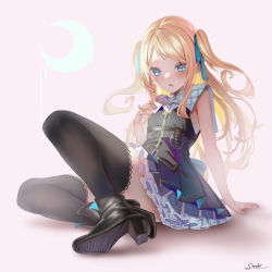 Rule 34 | 1girl, arm support, bare arms, black footwear, black thighhighs, blonde hair, blue dress, blue eyes, blue nails, blue ribbon, blush, boots, commentary request, dress, frilled dress, frills, full body, hair ribbon, hand up, high heel boots, high heels, highres, long hair, looking at viewer, nail polish, original, ribbon, saraki, signature, simple background, sitting, sleeveless, sleeveless dress, solo, thighhighs, two side up