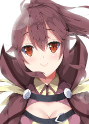 Rule 34 | 1girl, anna (fire emblem), blush, breasts, brown eyes, brown hair, brown jacket, cleavage, closed mouth, commentary request, fire emblem, fire emblem awakening, hair between eyes, head tilt, high collar, high ponytail, jacket, long hair, looking at viewer, medium breasts, milkpanda, nintendo, open clothes, open jacket, ponytail, portrait, sidelocks, simple background, smile, solo, white background