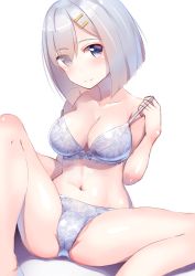 Rule 34 | 10s, 1girl, blue eyes, blush, bra, breasts, cleavage, eyes visible through hair, hair ornament, hair over one eye, hairclip, hamakaze (kancolle), henet hene, kantai collection, lace, lace-trimmed bra, lace trim, large breasts, looking at viewer, navel, panties, short hair, silver hair, smile, solo, spread legs, underwear, undressing, white background