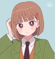Rule 34 | 1girl, black necktie, blue background, blunt bangs, blush, bob cut, bright pupils, brown eyes, brown vest, collared shirt, emma (kumaema), green jacket, hair behind ear, hair ornament, hairclip, highres, jacket, long sleeves, looking at viewer, necktie, original, shadow, shirt, signature, simple background, solo, upper body, vest, white pupils, white shirt