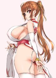 Rule 34 | 1girl, asanagi, ass, bare shoulders, between buttocks, blush, breasts, brown hair, choker, commentary request, curvy, dead or alive, detached sleeves, from behind, hair ribbon, highres, hip focus, huge ass, huge breasts, japanese clothes, kasumi (doa), long hair, looking at viewer, looking back, ninja, open mouth, panties, pelvic curtain, pink background, ponytail, red eyes, ribbon, side-tie panties, sideboob, simple background, solo, standing, thick thighs, thighhighs, thighs, underwear, untied panties, very long hair, white thighhighs, wide hips