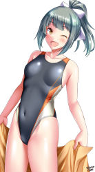 Rule 34 | 1girl, alternate costume, bare arms, bare shoulders, blush, breasts, collarbone, competition swimsuit, covered navel, cowboy shot, green hair, highleg, highleg swimsuit, highres, kantai collection, long hair, looking at viewer, one-piece swimsuit, one eye closed, open mouth, ponytail, simple background, smile, solo, swimsuit, tsuchimiya, white background, yellow eyes, yuubari (kancolle)