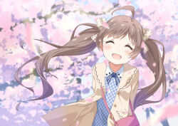 Rule 34 | 1girl, ahoge, bag, blurry, blurry background, blurry foreground, blush, brown hair, cherry blossoms, closed eyes, coat, commentary request, floating hair, hair ribbon, hakozaki serika, idolmaster, idolmaster million live!, long hair, looking at viewer, open clothes, open coat, open mouth, ribbon, shoulder bag, solo, toma (shinozaki), twintails, wind